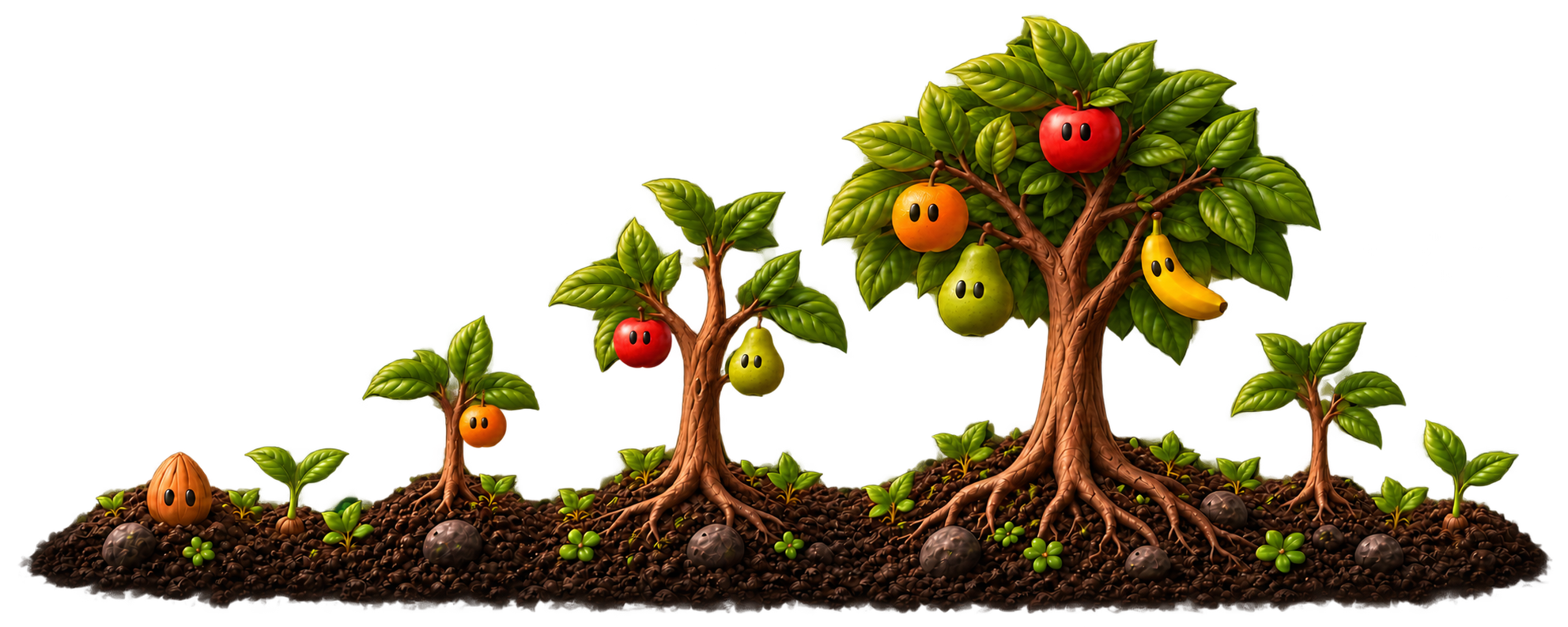 A seed grows into a tree with one fruit using tools, two fruit collaborating, and four fruit contributing research, writing, editing and design to The Sunday Edit.