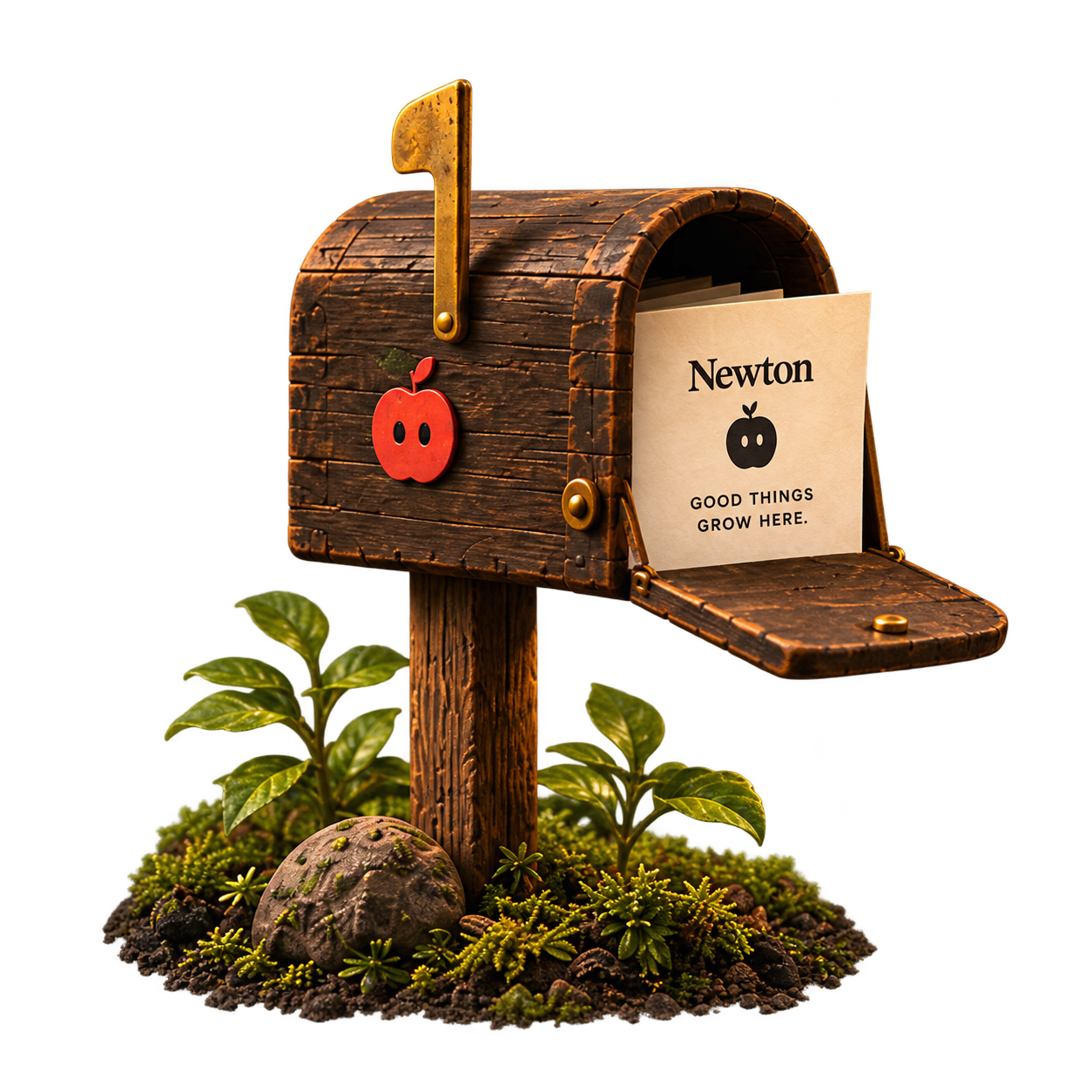 A wooden Newton mailbox with a newsletter tucked inside.