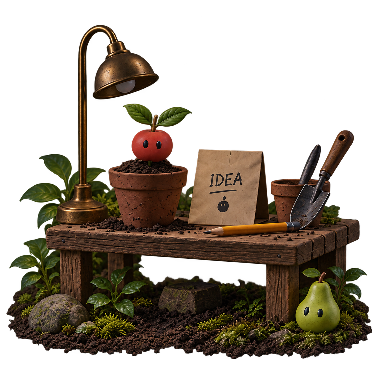 A garden workbench with Newton, a seed packet, tools, and a pear companion.