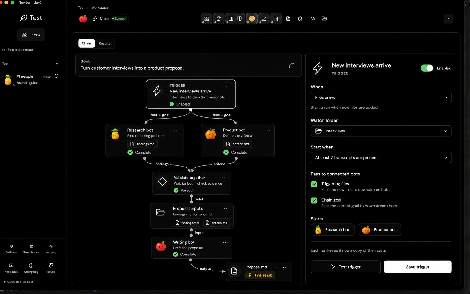 Concept mockup: an interview-folder trigger feeds Research and Product nodes, whose results meet at a validation step before a folder, a Writing bot, and a proposal output.