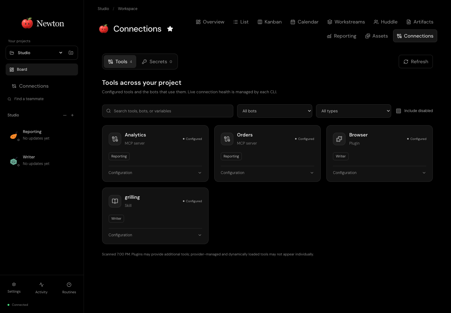 Newton Connections demo listing Analytics and Orders MCP servers, a Browser plugin, and a skill, with their assigned teammates.