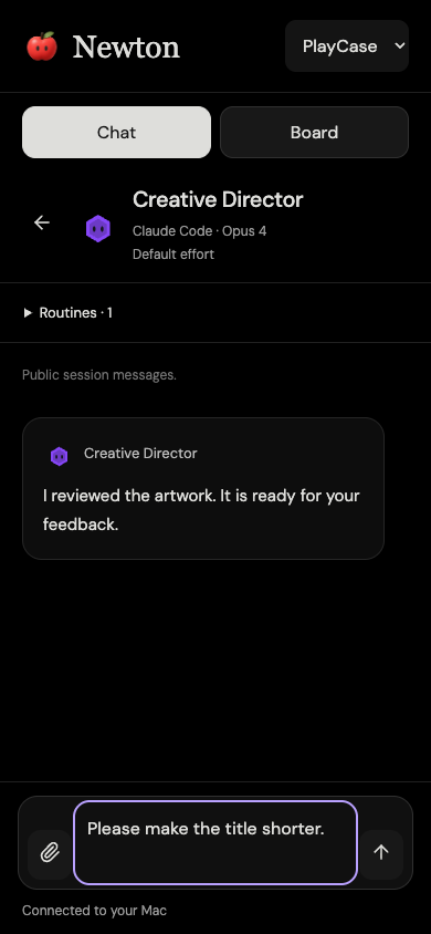 Newton's phone Chat with a Creative Director teammate, a response, and an image-capable message composer.