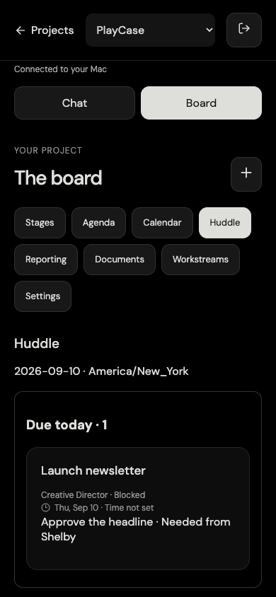 Newton's mobile Huddle demo showing a due-today newsletter awaiting headline approval, with Reporting and Workstreams navigation.