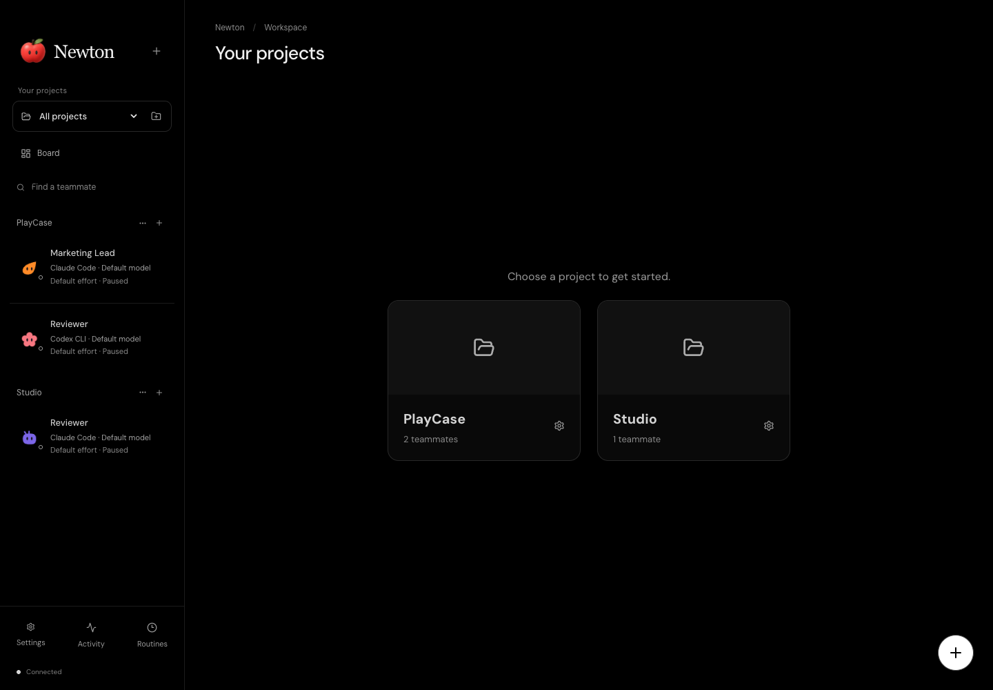 Newton's project home with separate PlayCase and Studio project cards and a sidebar of AI teammates.