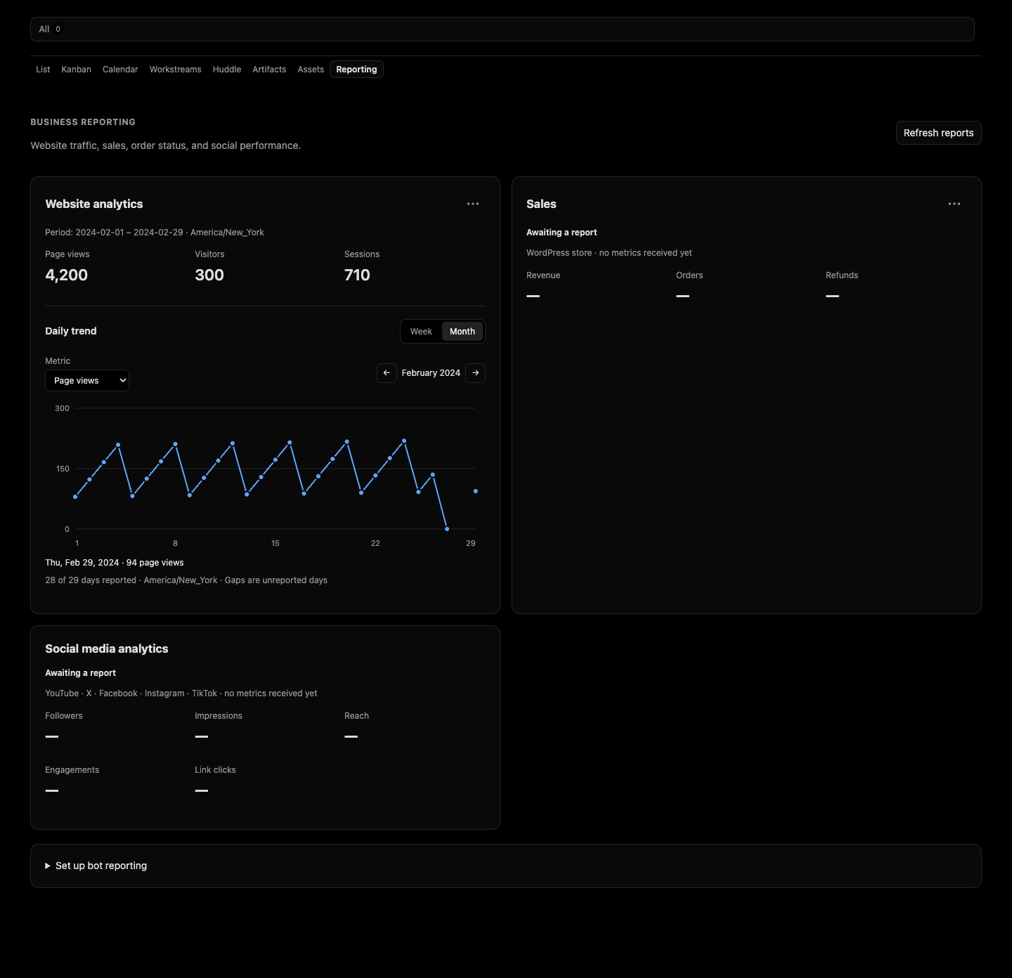 Newton Reporting demo showing website metrics and a monthly daily-trend chart alongside sales and social report panels.